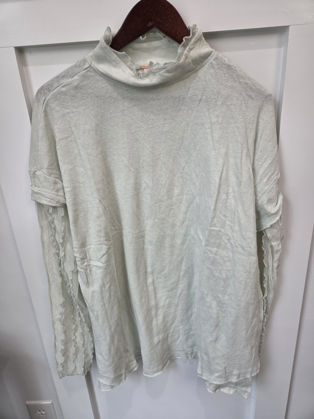 Free People Light Sage Long Sleeve Ruffle Neck Top